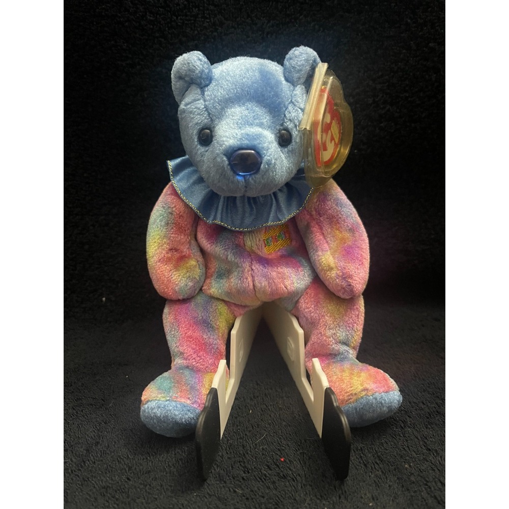 Ty Beanie Babies September Sapphire Birthday Bear Tie Dye Plush 2001 Blue Nose